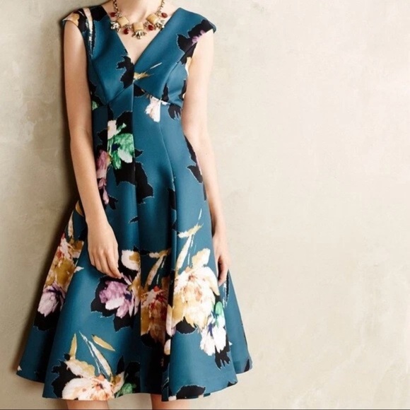 Anthropologie Baikal Dress By Moulinette Souers Size 2 Floral Teal Fit & Flare - Picture 1 of 16